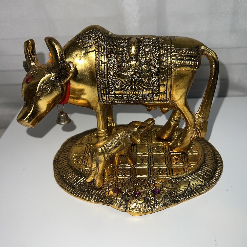 Metal Krishna With Religious Kamdhenu Cow with Calf Brass Handicraft for Home